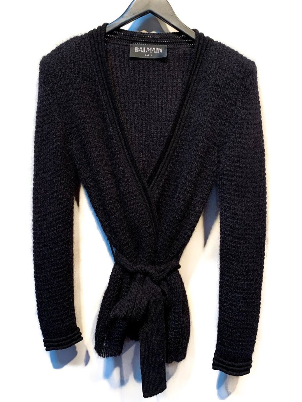 Balmain Black Mohair Blend Wrap Belted Cardigan